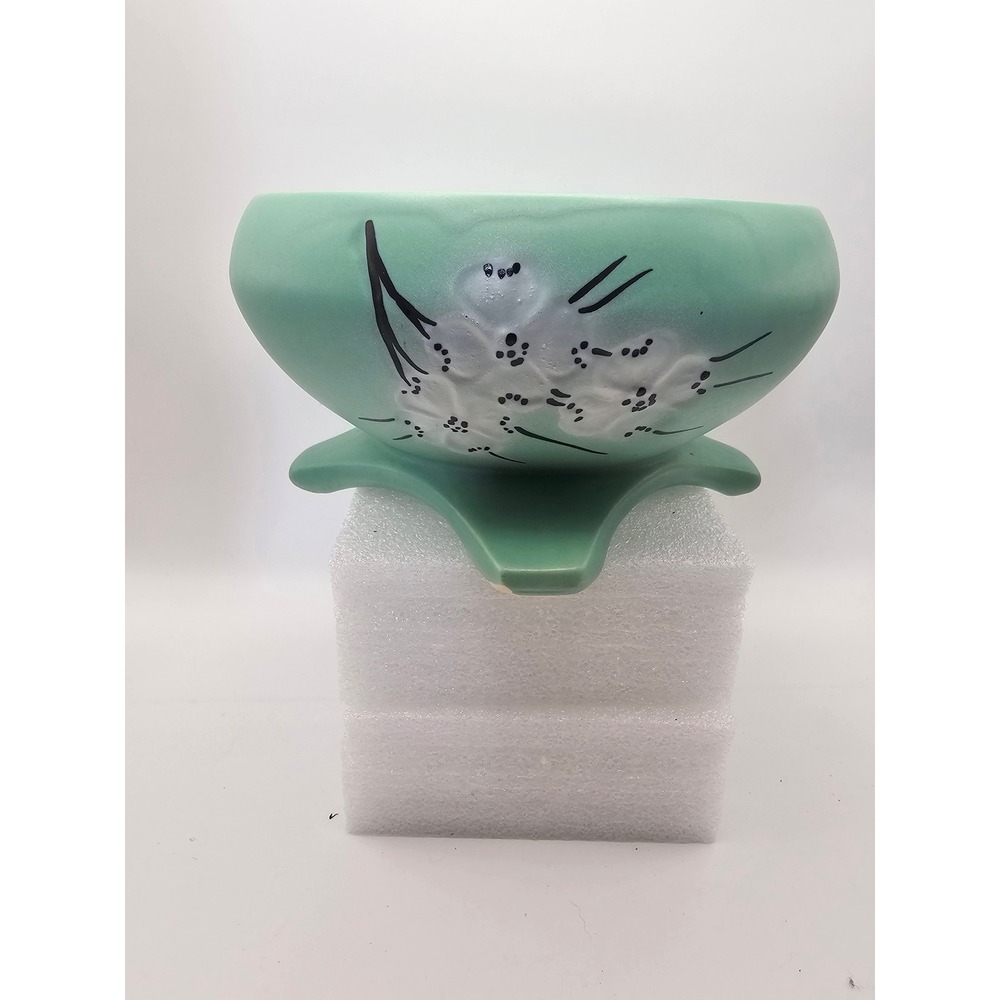 Vintage McCoy USA Pottery Planter Seafoam Green Floral Footed Bowl 6 inch